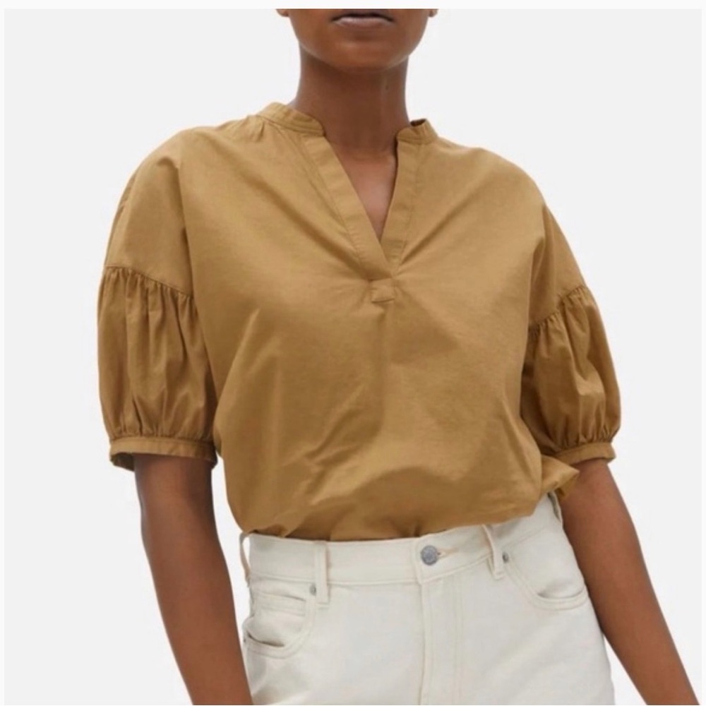 EVERLANE Size 6 Medium Split-Neck Puff-Sleeve Air Hazel Tan 100% Cotton Top Boxy